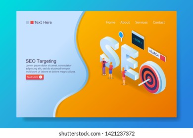 Vector landing page template of Seo targeting, target marketing, Seo strategy - 3D, isometric, illustration with characters