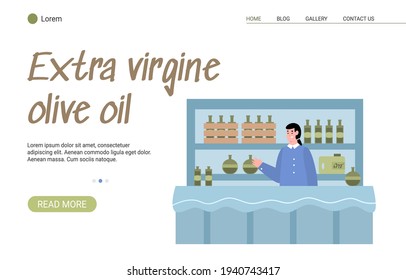 Plantilla de página de aterrizaje de vectores para la venta de aceite de oliva virgen fresco.