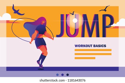 Vector landing page template for sport healthy lifestyle. Jumping rope oversized girl drawn with bright vivid gradients, word jump on background. Illustration good for poster, web site, banner.