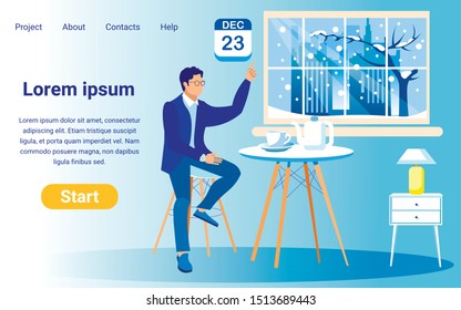 Vector Landing Page Template for Trendy Online Project. Copy Space for Your Text. Young Man, Sitting by Tea Table with White Cup and Pot, Pointing at Date December, 23. Winter City Outside Big Window.