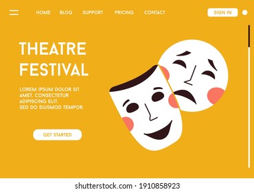 Vector landing page of Theatre Festival concept. Theatrical masks drama and comedy classic symbol. Sign of art performances show. Illustration for design of advertising banner for creative events