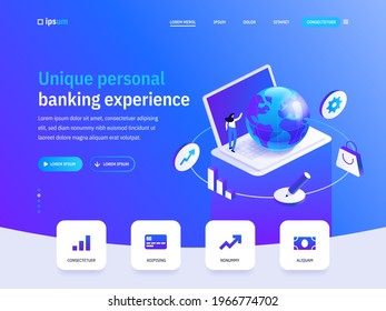 Vector Landing Page Of Unique Personal Banking Experience Isometric Concept. Bank Transaction, Financial Tools, Digital Currency, Investment. Illustration Of Advertising Banner In Isometry Design