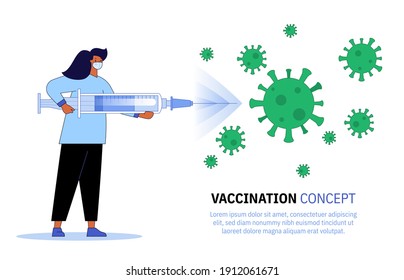 Vector landing page of Vaccination and prevention concept. Female doctor holding huge syringe for injecting vaccine. Medicine, science, healthcare. Character illustration of advertising banner design