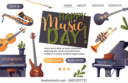 Vector landing page web template featuring a piano, violin, saxophone, trumpet, bass guitar, and electric guitar for a music website  
