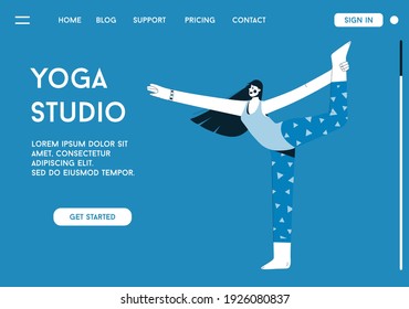 Vector landing page of Yoga Studio concept. Young girl practicing balance asana pose. Flexible woman exercising at class. Healthy lifestyle, meditation, recreation. Character illustration of banner