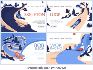 Vector landing pages set for luge, skeleton sport, bobsleigh and wok racing. Winter activities and women training