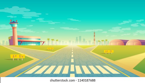 Vector landing strip for airplanes near of terminal, control room in tower. Empty asphalt runway - crossroad for passenger transportation, landscape with hangars, buildings.