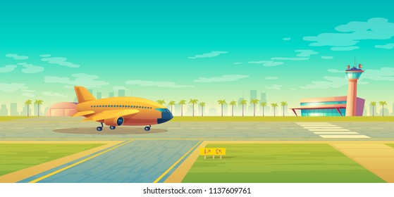 Vector landing strip with plane ready to takeoff. Terminal, control room in tower. Asphalt runway for passenger transportation, landscape with hangar, building. Travel concept, background for poster