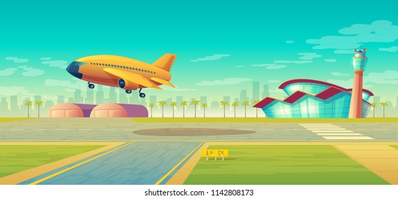 Vector landing strip, takeoff of the plane. Terminal, control room in tower. Asphalt runway for passenger transportation, landscape with hangar, building. Travel concept, background for poster