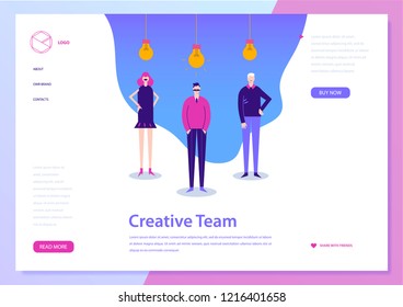 Vector landing web page concept. Coworking, freelance, teamwork, communication, interaction, idea. Men and woman standing with lamp bulbs upside.