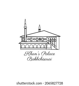 Vector landmark of Crimea, Khan's Palace Bakhchisarai, decorative european architecture isolated on white, travel icon tower, flat building, hand drawn sight attraction, line art sign for web design