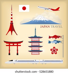 vector landmark of japan background, tokyo city, japan travel icon, high speed train
