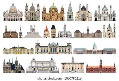 vector landmarks, city halls, cathedrals, temples, churches, palaces and other  skyline elements