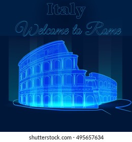 Vector Landmarks Colosseum  Neon Light Background Welcome to Rome