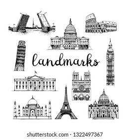 Vector landmarks set. Hand drawn collection of tourist attractions isolated on white background