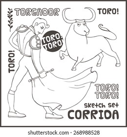 Vector landmarks and symbols set. Corrida, toreador, bull etc.