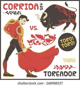 Vector landmarks and symbols set. Corrida, toreador, bull etc.