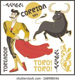 Vector landmarks and symbols set. Corrida, toreador, bull etc.