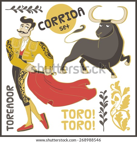Vector landmarks and symbols set. Corrida, toreador, bull etc.