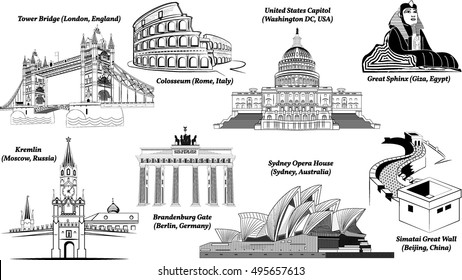 Vector Landmarks Tower Bridge Moscow Kremlin Colosseum U.S. Capitol Brandenburg Gate Sydney Opera House Great Sphinx of Giza Great Wall  