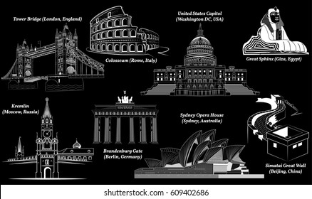 Vector Landmarks: Tower Bridge, Moscow Kremlin, Colosseum, U.S. Capitol, Brandenburg Gate, Sydney Opera House, Great Sphinx of Giza, Great Wall. Detailed  illustration set isolated on black background