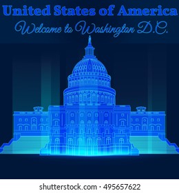 Vector Landmarks U.S. Capitol Neon Light Background Welcome to Washington D.C.