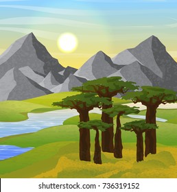 Vector landscape. Africa. Green, grass-covered hills, a river with a tributary and a baobab grove. Mountains on the horizon. The sky is at sunset or dawn, the sun and clouds.