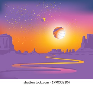 Vector landscape of an alien planet with a deserted valley, a winding river, rocks and a view of two planets in the sky. Fantastic space background in lilac colors. Lifeless extraterrestrial scenery