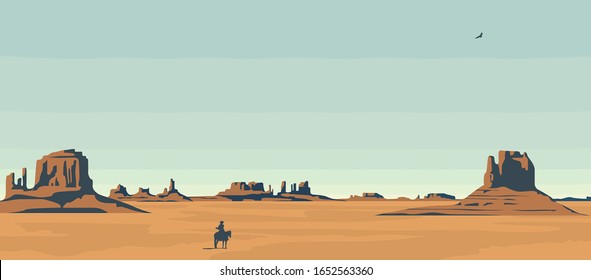 Vector landscape with American prairies and a silhouette of a cowboy on a horse. A lone rider in the desert. Western vintage background. Decorative illustration on the theme of the Wild West.