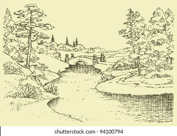 Vector landscape. The ancient bridge over a small river in the summer forest