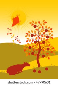 vector landscape with apple tree, kite and goat