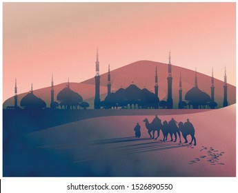 Vector landscape of Arabian journey with camels through the desert with mosque, Traveler walking through the desert with camels,sand dune,dust and vanilla twilight sky.With noise and grain texture.