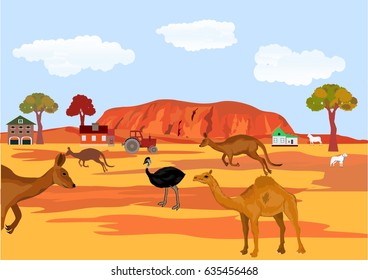 Vector Landscape Of Australia, Kangaroo, Camel.