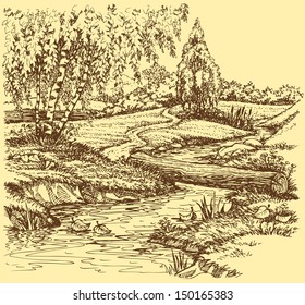 Vector landscape. Autumn birch trees near the trail over the creek