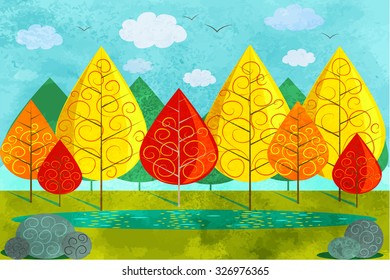 Vector landscape autumn forest with a pattern in the style of watercolor 