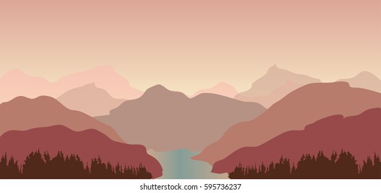 Vector landscape autumn hills and river, rocks, mountains, nature flat illustration