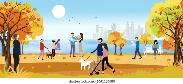 Vector landscape of Autumn park by the sea with happy family having fun, boy walking the dog, women sitting on bench reading a book, City lifestyle or outdoor activity of people in fall season
