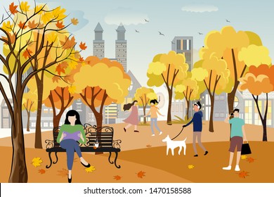 Vector landscape of Autumn park in the city with happy people having fun, a girl walking the dog, man talking on mobile phone and women sitting on bench reading a book with orange foliage