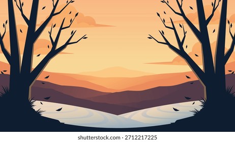 Paisaje de Vector de una puesta de sol de otoño con árboles desnudos, hojas que caen y colinas en capas. Fondo estacional tranquilo adecuado para la marca, el Diseño web y la impresión.