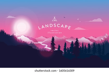 Vector landscape background, a beautiful view from the forest to the mountains. Sunset, clouds and pink sky scene. Calm, recreation and hiking concept.