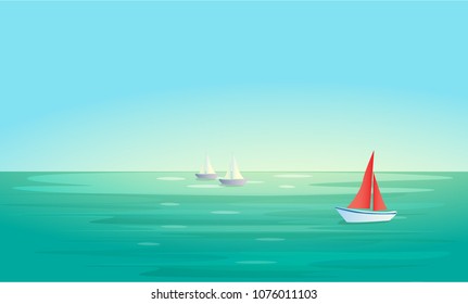 Vector landscape background with blue sea or ocean , red and white boats (ships). Place for text. Minimalistic marine landscape. Eps 10