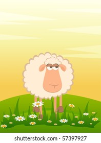 Vector landscape background with cartoon smiling sheep