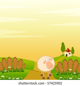 Vector landscape background with cartoon smiling sheep