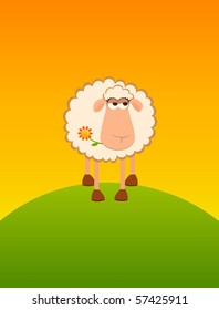 Vector landscape background with cartoon smiling sheep