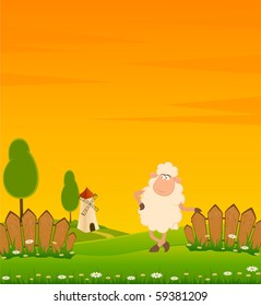 Vector landscape background with cartoon smiling sheep