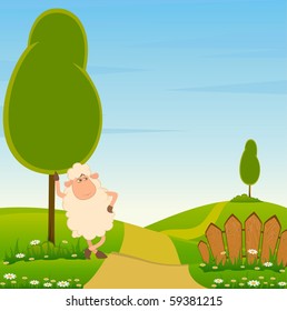 Vector landscape background with cartoon smiling sheep