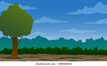 Vector landscape background. Green single tree among bushes.