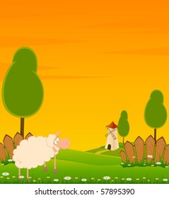 Vector Landscape background with house and cartoon sheep