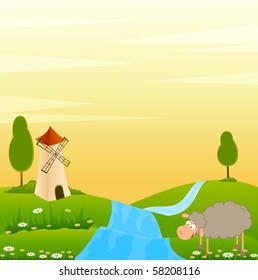 Vector Landscape background with house and cartoon sheep