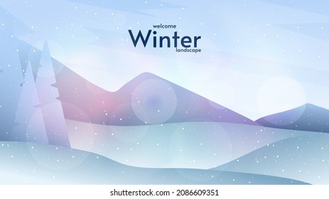 Ilustración de fondo del paisaje vectorial con hermosos colores de invierno. Montañas azules, nieve de invierno, ventisca, nevadas, paisaje de deriva nevada. 